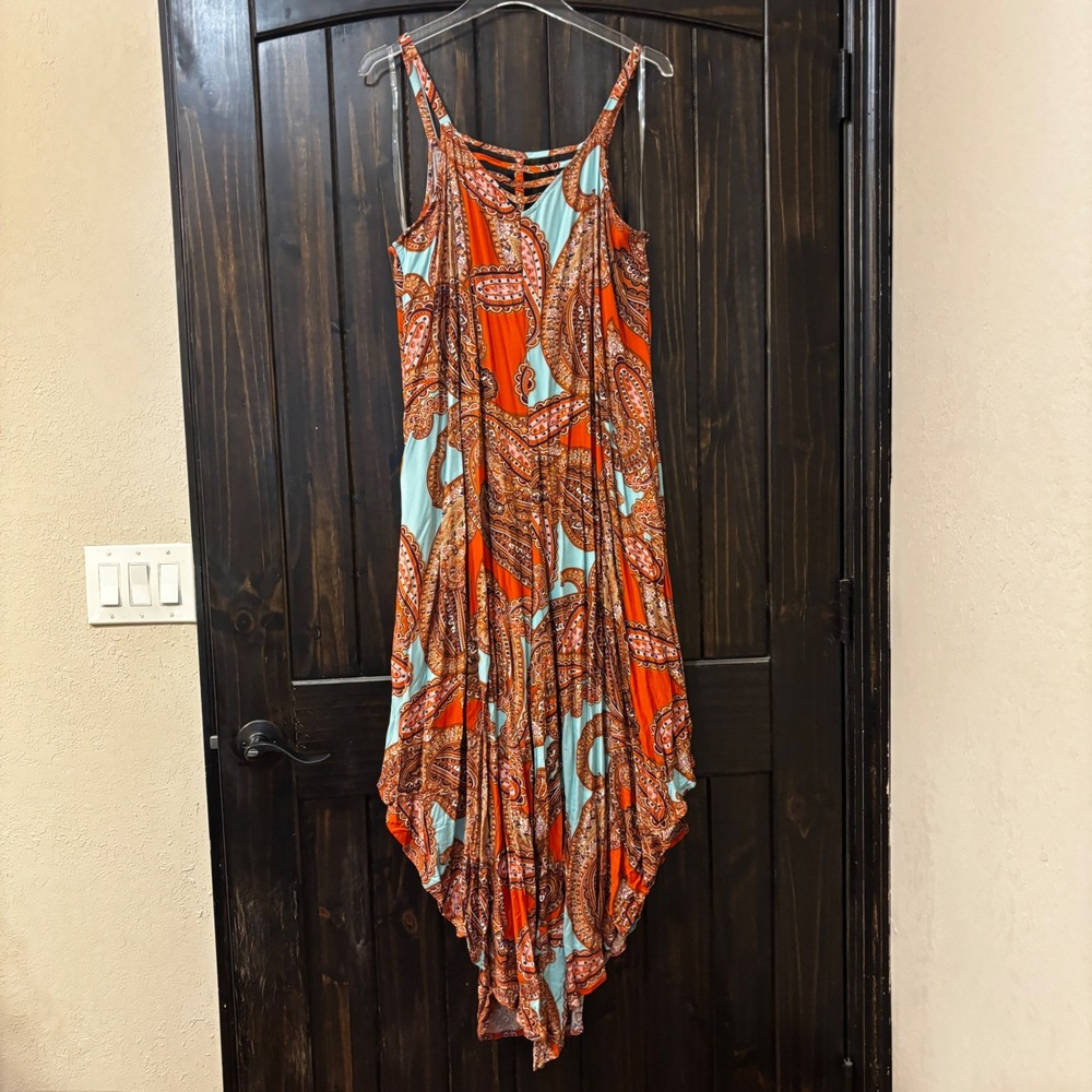 MSK Paisley Jumpsuit Women Large Orange Turquoise Wide Leg Handkerchief Hem New - Picture 3 of 11